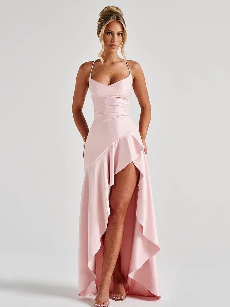 Vestido Longo de Cetim com Fenda Lateral Scarlet – Moda Festa