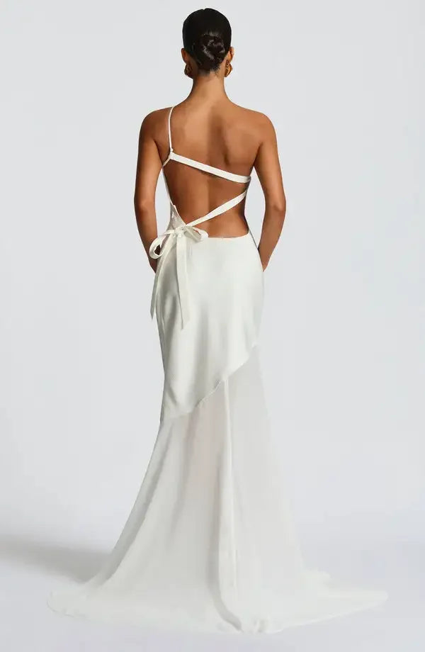 Vestido de Festa Longo Assimétrico de Um Ombro Só com Saia de Chiffon – Aureo