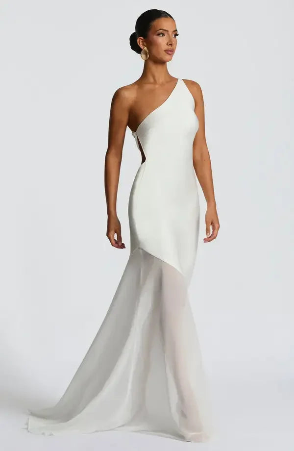 Vestido de Festa Longo Assimétrico de Um Ombro Só com Saia de Chiffon – Aureo