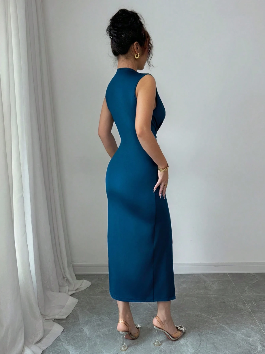 Vestido Drapeado Rafaela Longo Elegante Sem Mangas Decote Em V