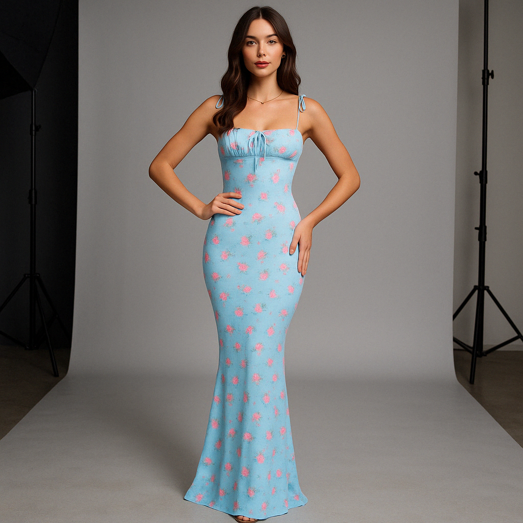 Vestido Longo Feminino Justo com Estampa Floral e Alças com Laço