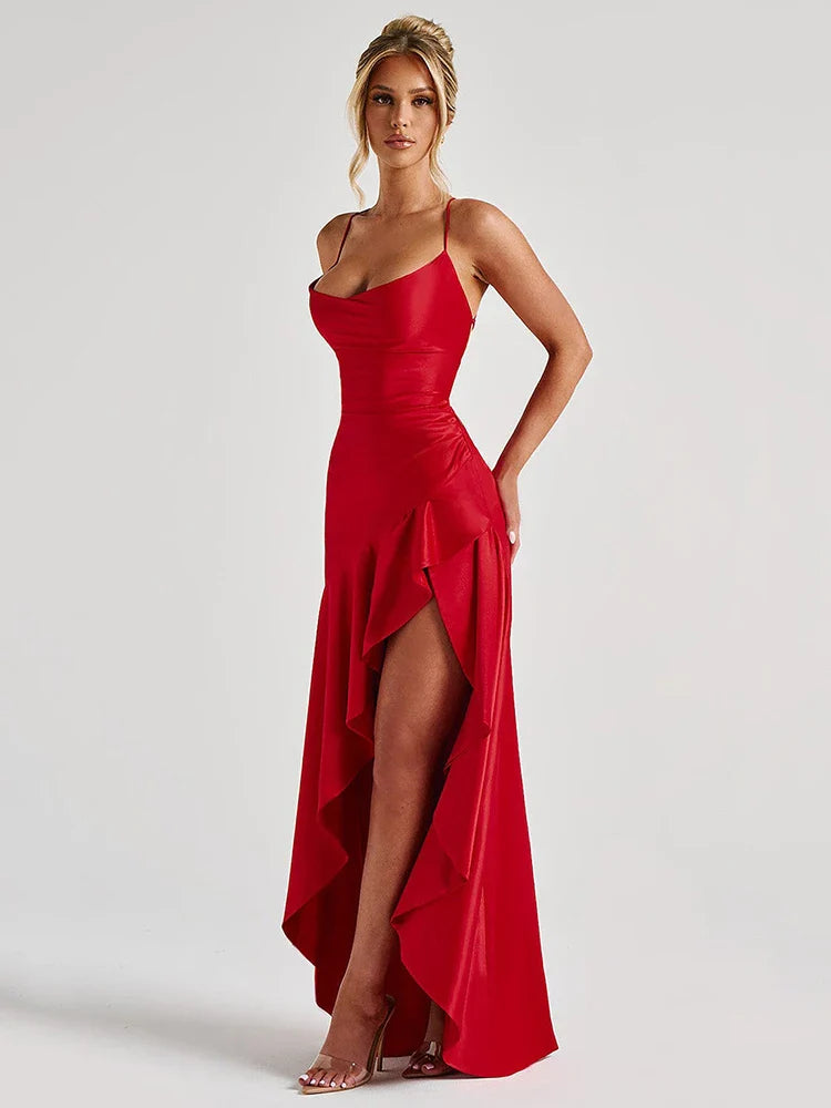 Vestido Longo de Cetim com Fenda Lateral Scarlet – Moda Festa