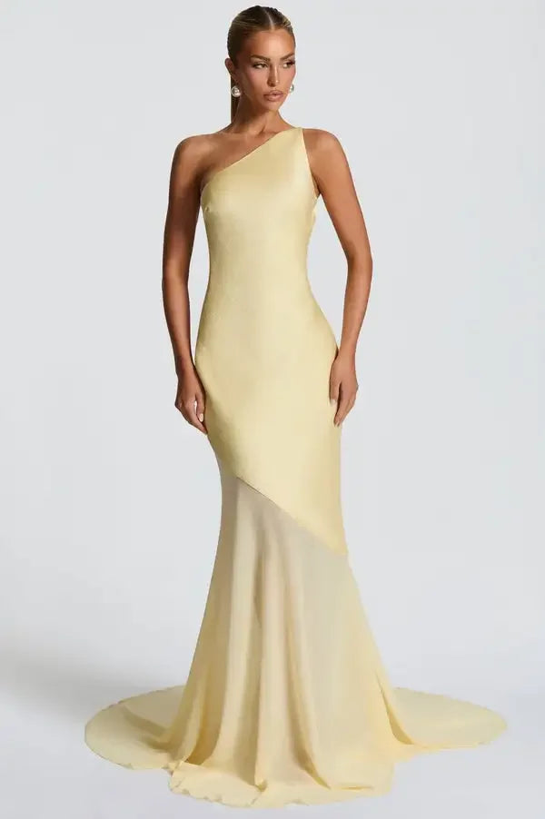 Vestido de Festa Longo Assimétrico de Um Ombro Só com Saia de Chiffon – Aureo