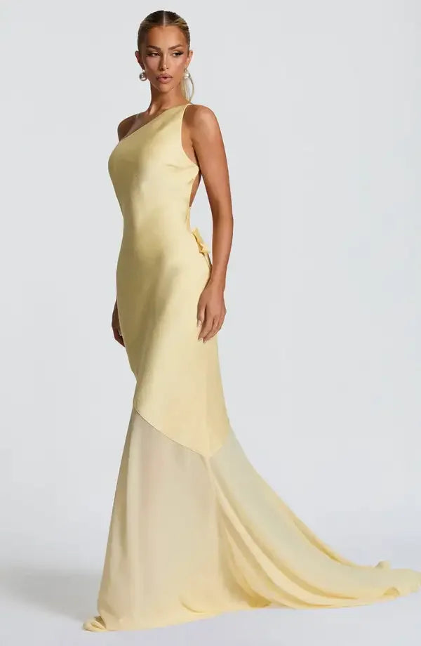 Vestido de Festa Longo Assimétrico de Um Ombro Só com Saia de Chiffon – Aureo