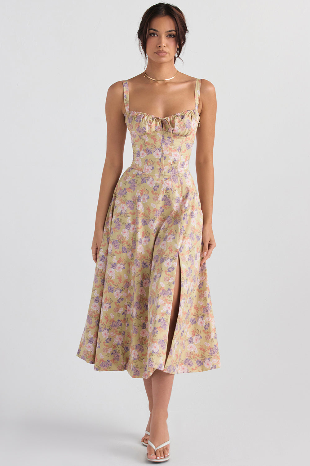 Vestido Floral Modelador com Corpete e Recorte na Cintura